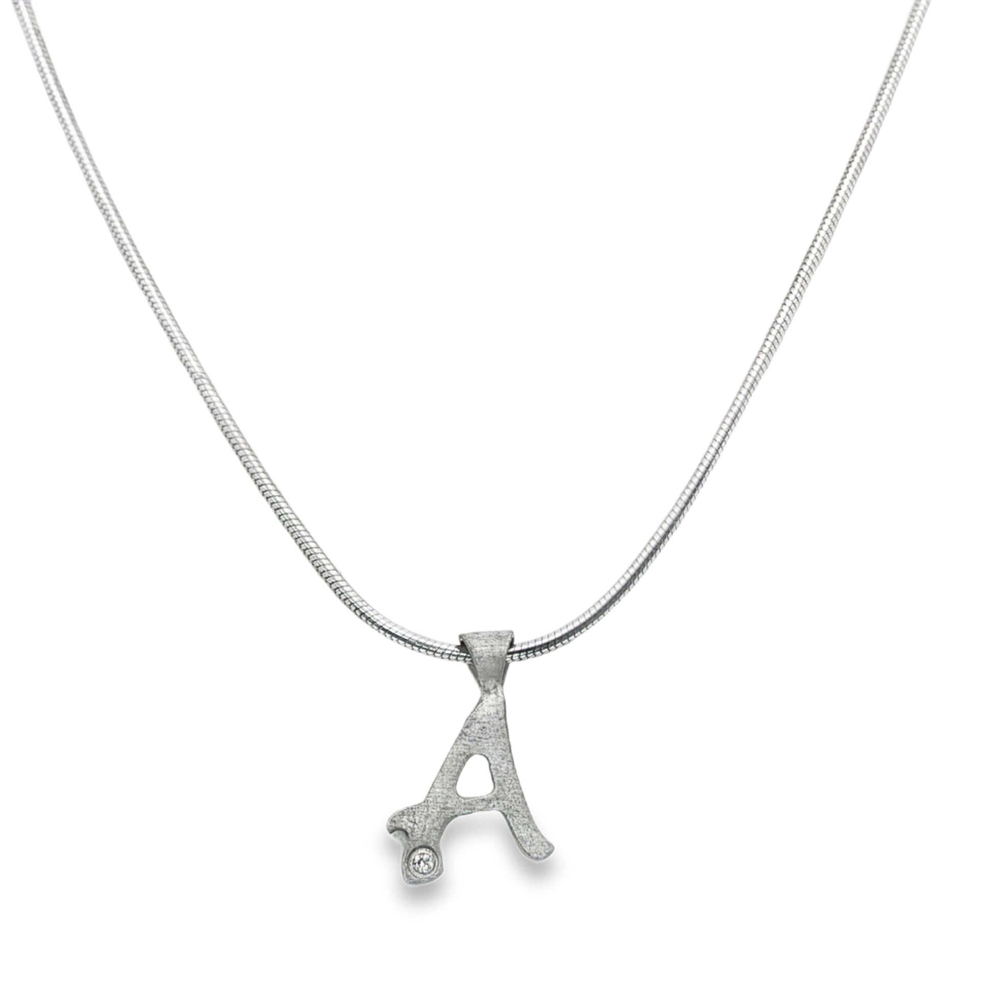Sterling silver necklace with initial "A" pendant, set with 1 round brilliant diamond. Item 21189 - ABC Jewelry Co.