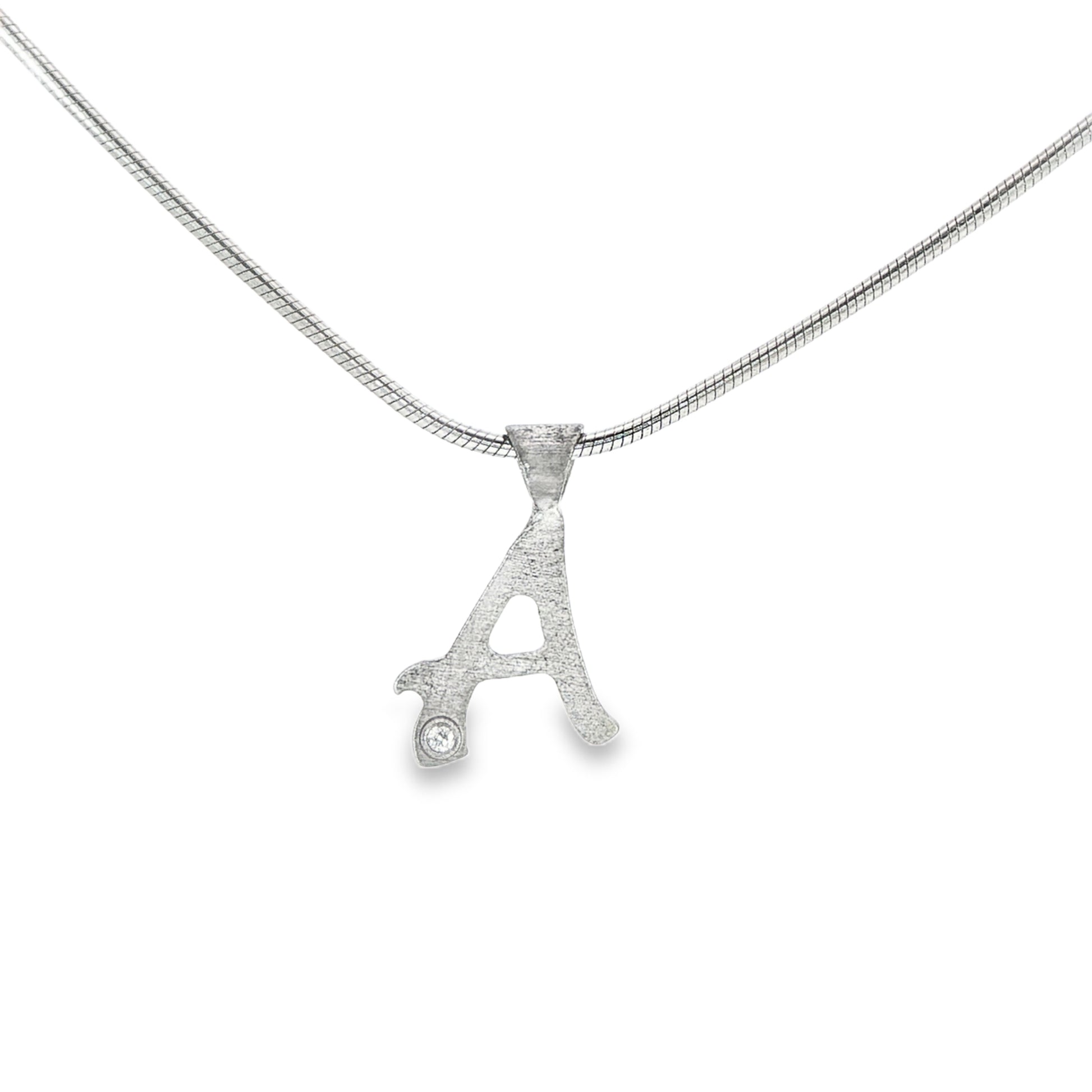 Sterling silver necklace with initial "A" pendant, set with 1 round brilliant diamond. Item 21189 - ABC Jewelry Co.