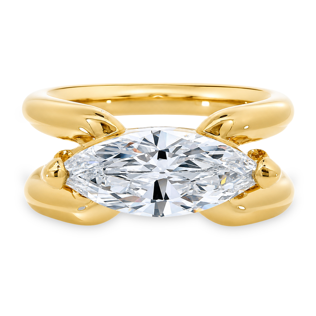 14K yellow gold rounded double band ring with a lab grown marquise diamond set east west 