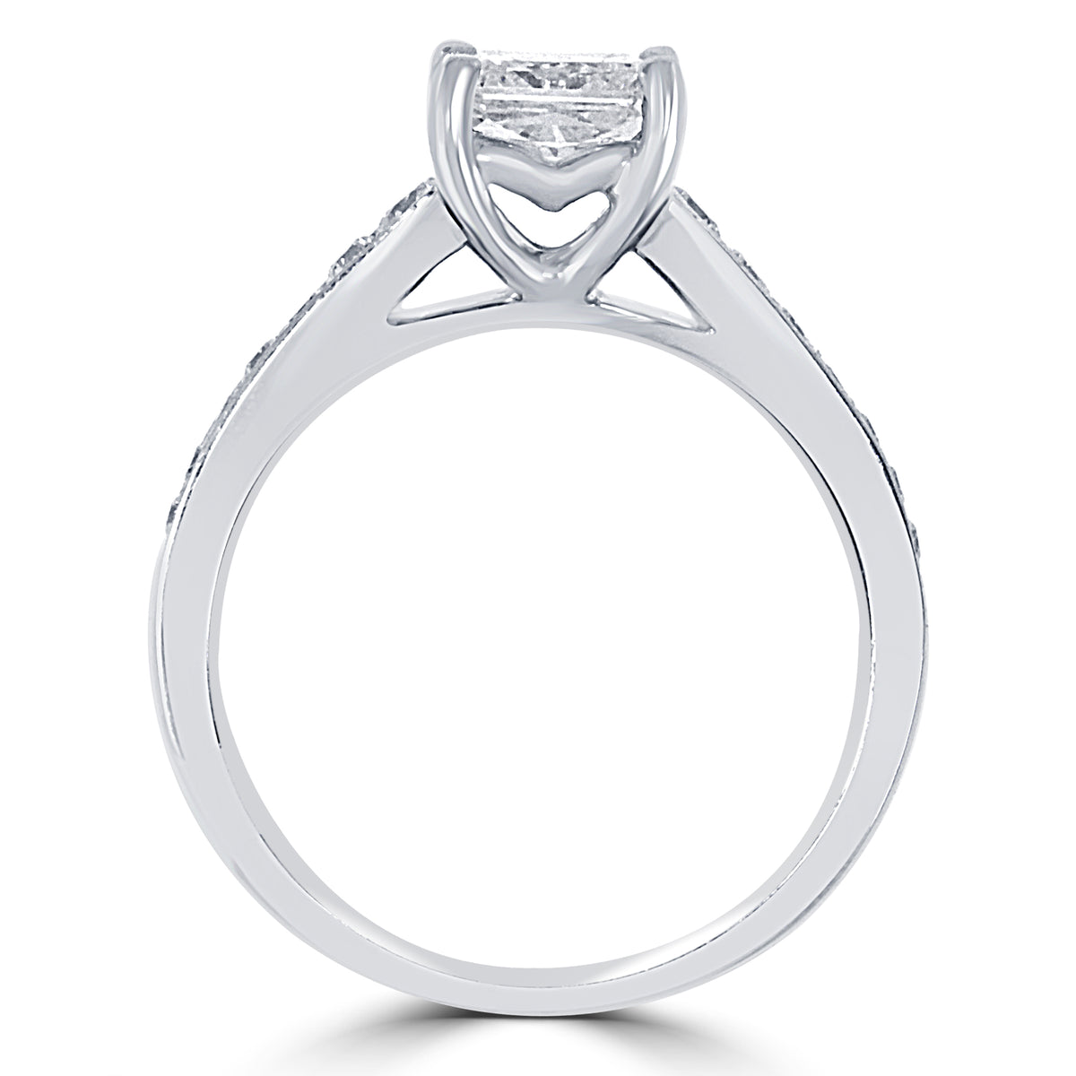A radiant cut diamond engagement ring in a white gold band with pavé diamonds on either side, shown on a clean white background.