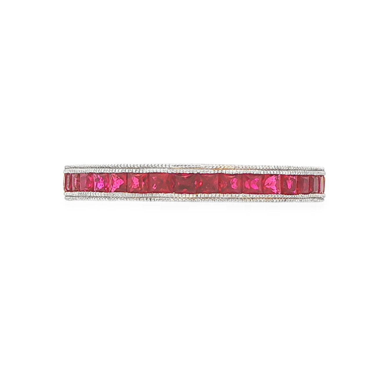 18K White gold eternity band set with princess cut rubies. Item 23024 - ABC Jewelry Co.