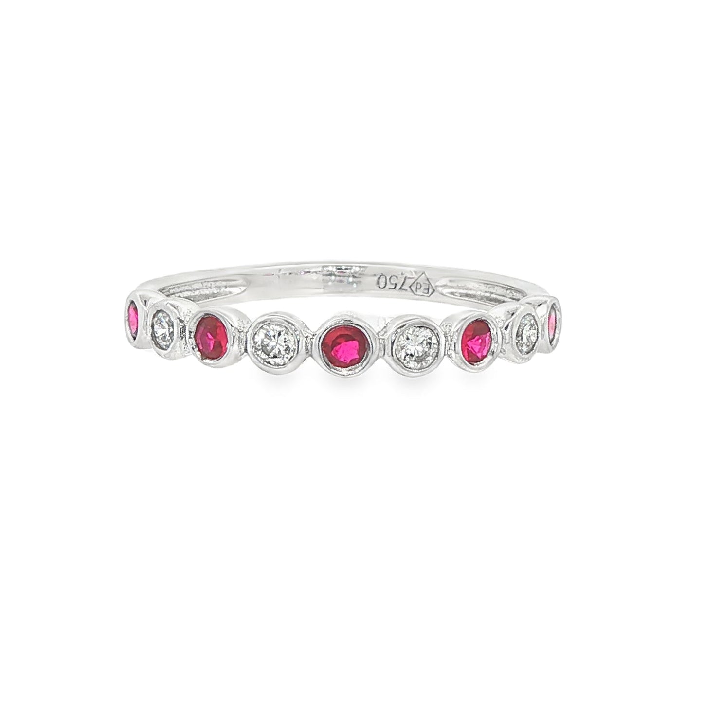 18K White gold band bezel set with round natural mined diamonds and rubies. Item 23319 - ABC Jewelry Co.
