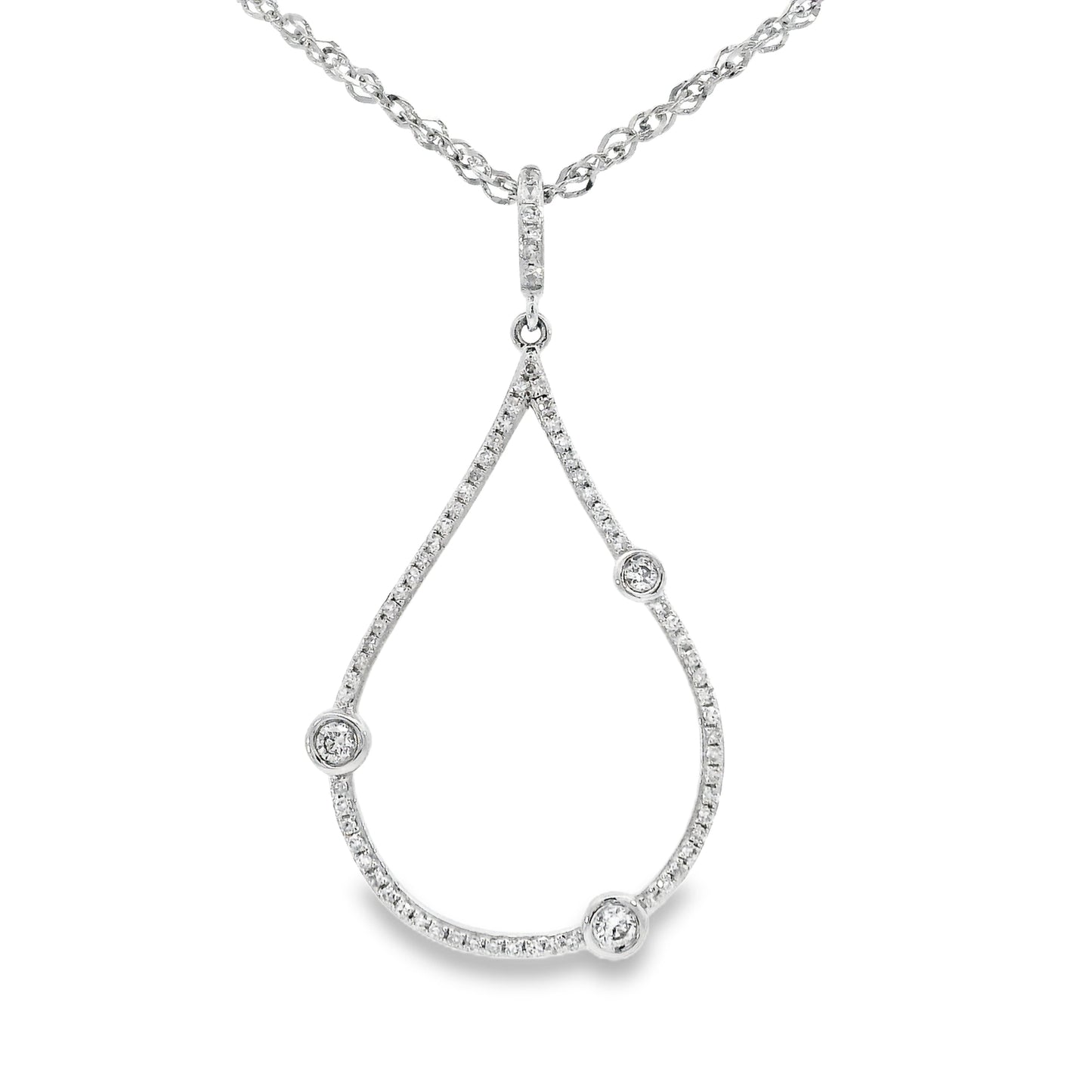 14K White gold teardrop pendant with 3 round bezel set stones - ABC Jewelry 