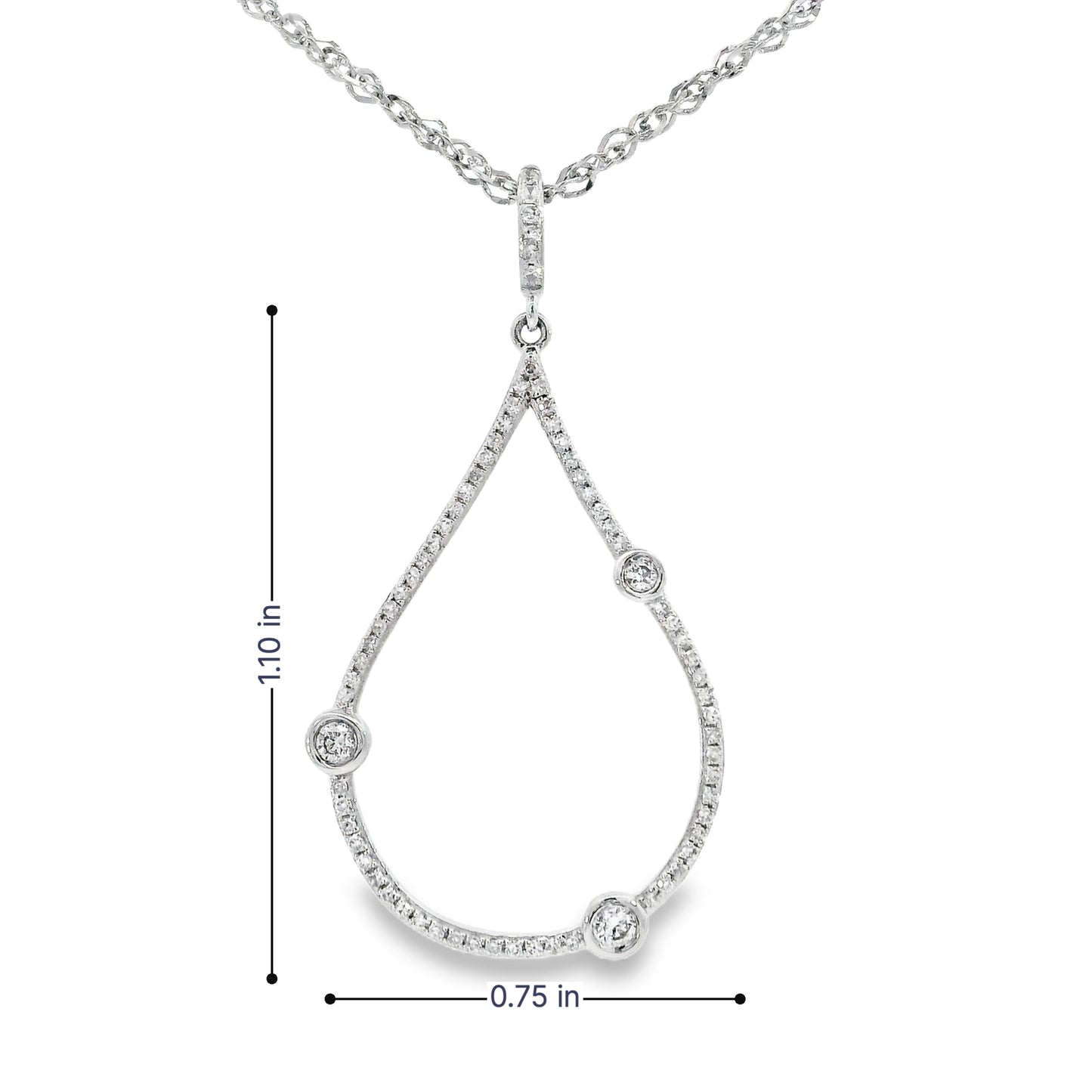 14K White gold teardrop pendant with 3 round bezel set stones, shown with measurements - ABC Jewelry 