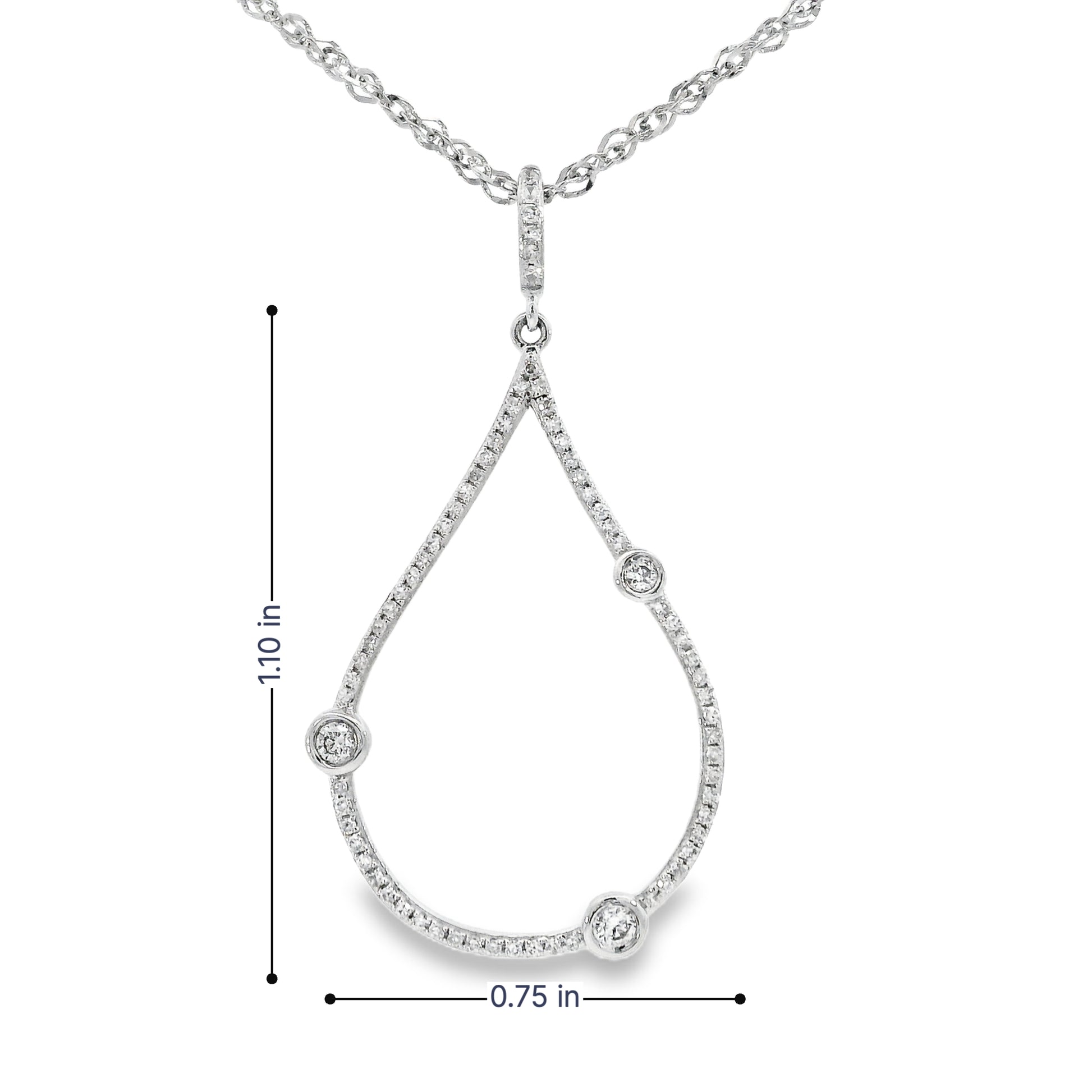 14K White gold teardrop pendant with 3 round bezel set stones, shown with measurements - ABC Jewelry 