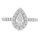 A pear-cut halo engagement ring with a pavé band, crafted in white gold or platinum with clear stones, shown on a solid white background.