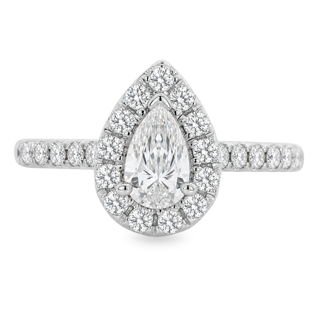 A pear-cut halo engagement ring with a pavé band, crafted in white gold or platinum with clear stones, shown on a solid white background.