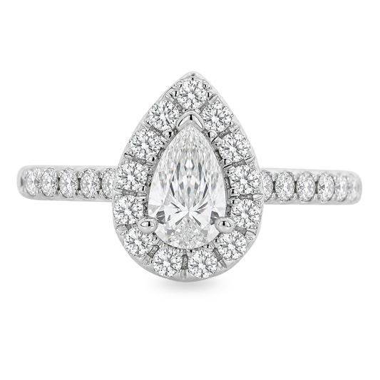 A pear-cut halo engagement ring with a pavé band, crafted in white gold or platinum with clear stones, shown on a solid white background.