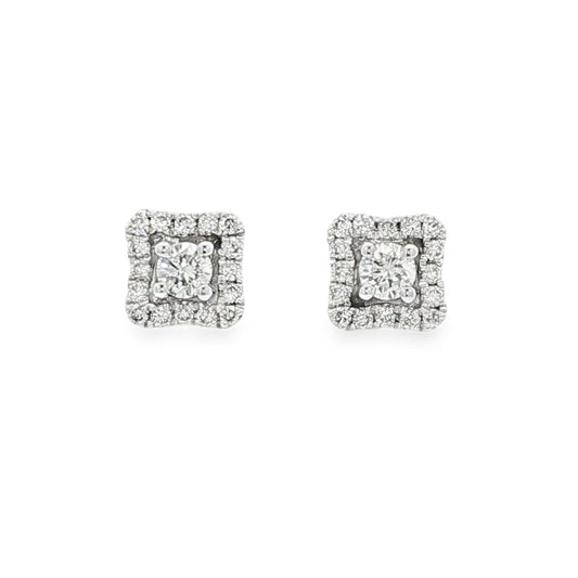 14K White gold diamond earrings set with a round brilliant center and square halo of round diamonds. Item 24903 - ABC Jewelry Co.