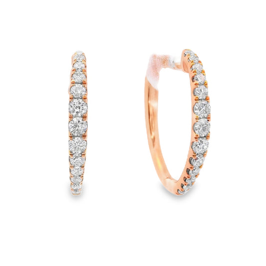 18K Rose gold hoop earrings set with round brilliant diamonds. Item 24948 - ABC Jewelry Co