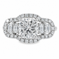 A white gold diamond ring with a octagonal center stone and half moon side stones, surrounded by a halo of small diamonds on a white background.