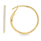 Yellow gold hoop earrings set with a row of round diamonds. One front on and one side profile. Shown on a clean white background.