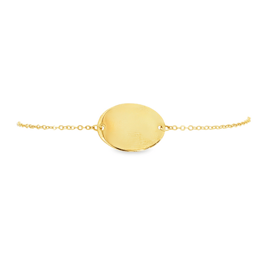14K Yellow gold delicate chain bracelet with polished oval disc center piece. Item J30491 - ABC Jewelry Co.