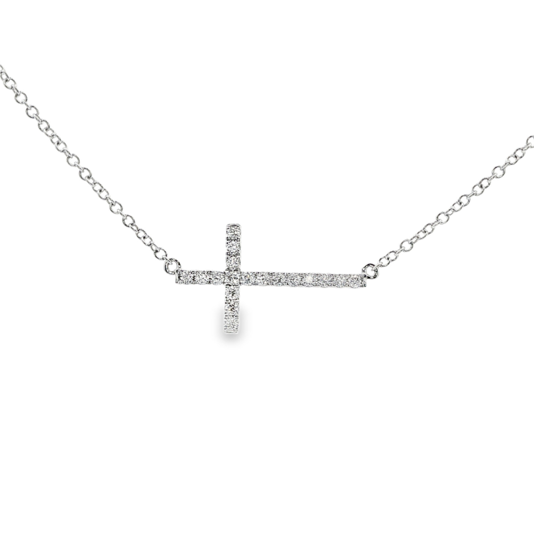 18K White gold necklace with horizontal cross pendant set with diamonds. Item J37487 - ABC Jewelry Co. 