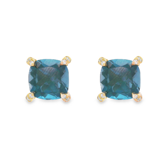 14K Yellow Gold - Blue Topaz & Diamond Earrings - J37499