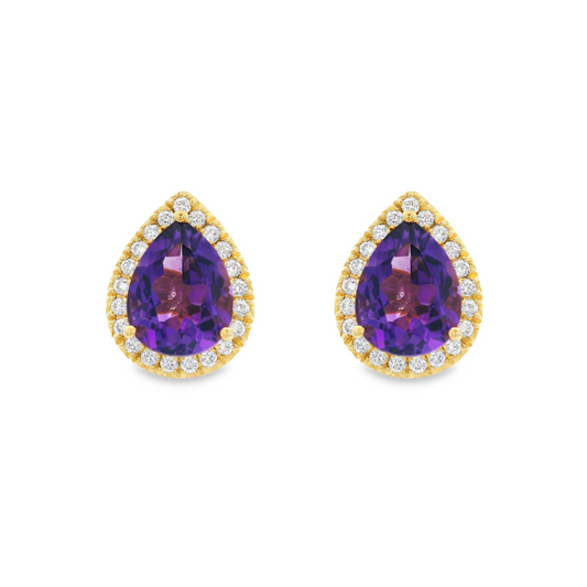 14K Yellow Gold - Amethyst & Diamond Earrings - J37127