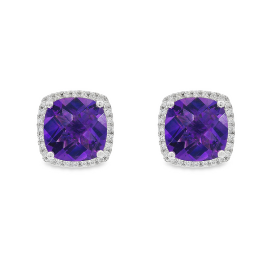 14K White Gold - Amethyst & Diamond Earrings - J37128