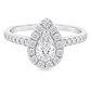 A pear-cut halo engagement ring with a pavé band, crafted in white gold or platinum with clear stones, shown on a solid white background.