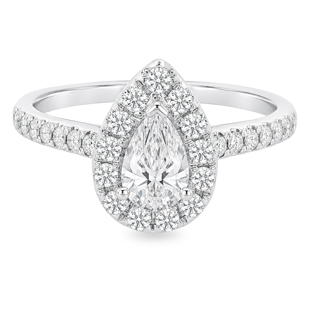 A pear-cut halo engagement ring with a pavé band, crafted in white gold or platinum with clear stones, shown on a solid white background.