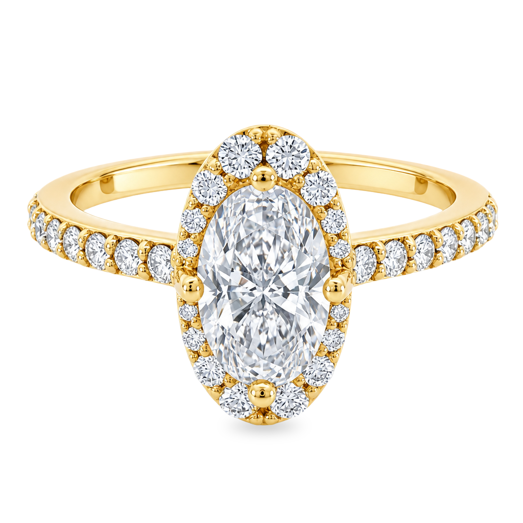 Yellow gold ring with round diamonds on the band and a diamond halo, set with an elongated oval diamond set on a white background.
