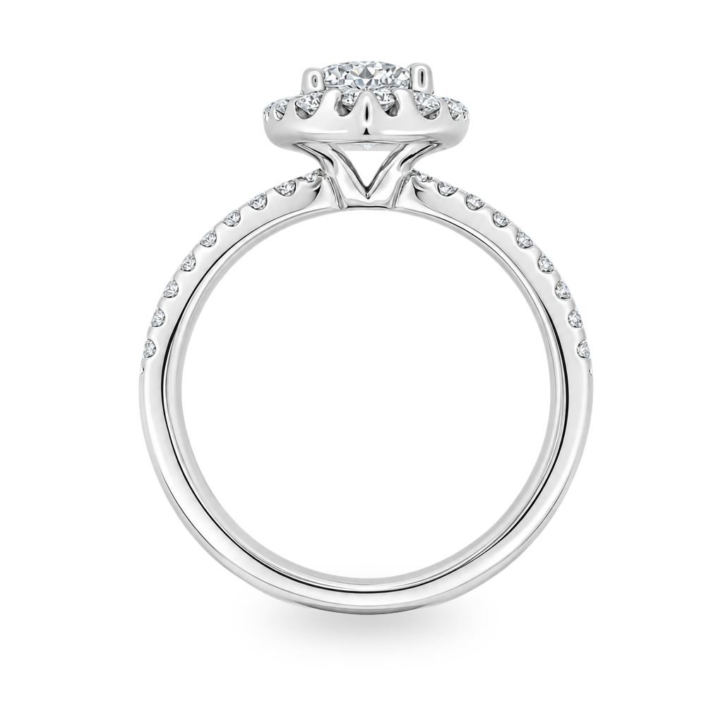 Profile view of white gold diamond set engagement ring, shown on a clean white background.