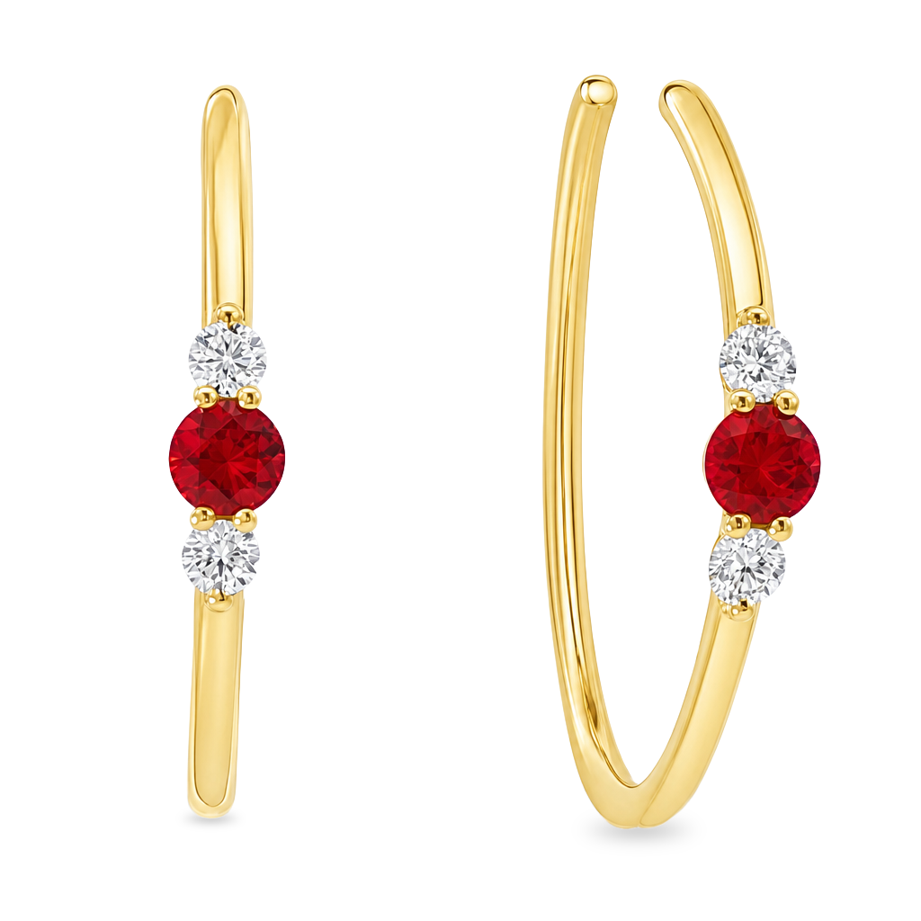 14K Yellow Gold - Ruby & Diamond Hoop Earrings
