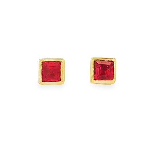 14K Yellow gold earrings bezel set with princess cut rubies. Item 3586 - ABC Jewelry Co.