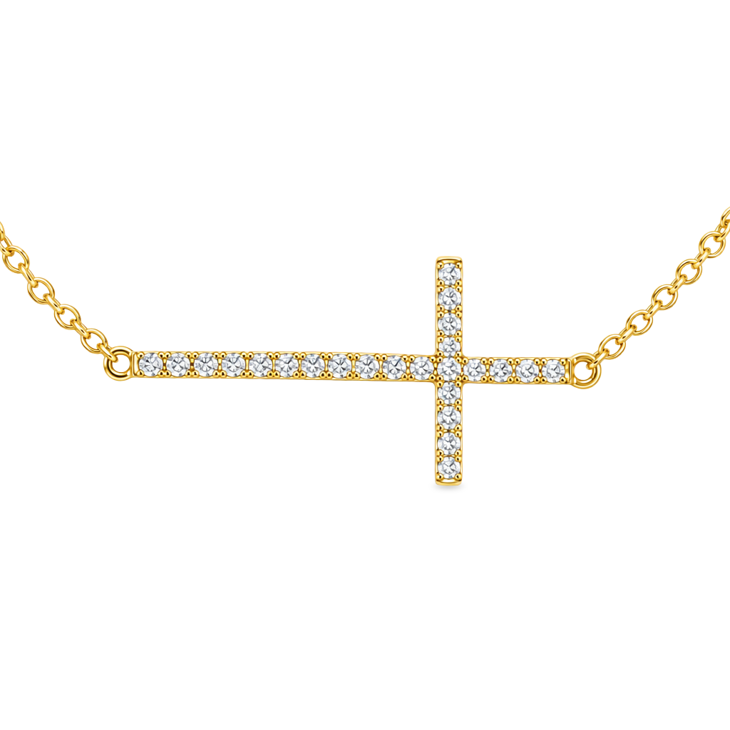 18K Yellow Gold - Sideways Diamond Cross Pendant Necklace