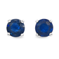 Round blue sapphire stud earrings set in white gold, shown on a clean white background