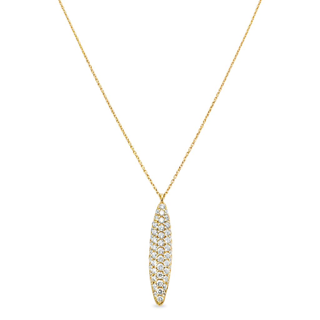 Yellow gold long bar pendant pave set with round brilliant diamonds. Shown on a clean white background.