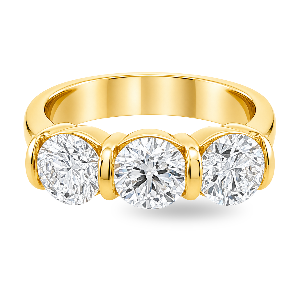 Yellow gold ring with three round diamonds, set on a white background 