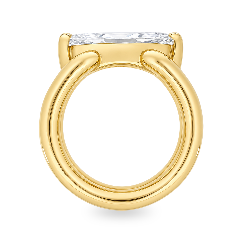 14K yellow gold rounded double band ring with a lab grown marquise diamond set east west 
