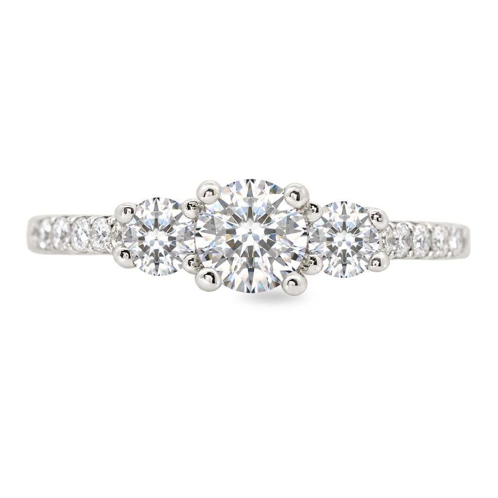 White gold right with three round diamonds set on a diamond band. Shown on a clean white background. 