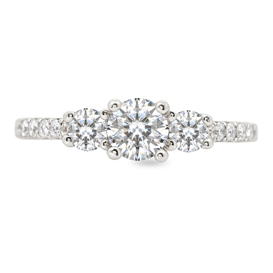 White gold right with three round diamonds set on a diamond band. Shown on a clean white background. 