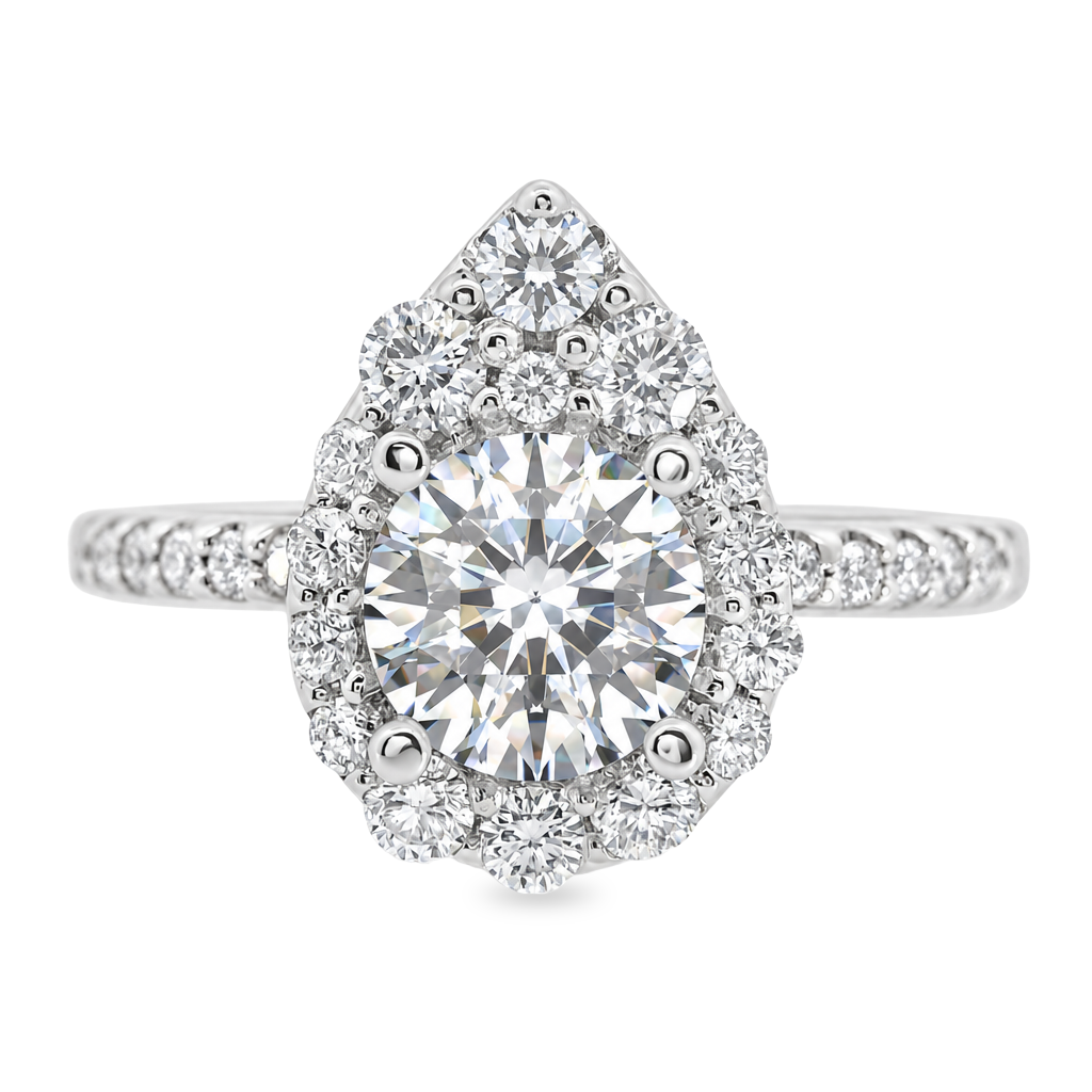 White gold ring set with a round diamond surrounded by a pear shape halo of graduated diamonds with diamonds set along the band. Shown on a clean white background.