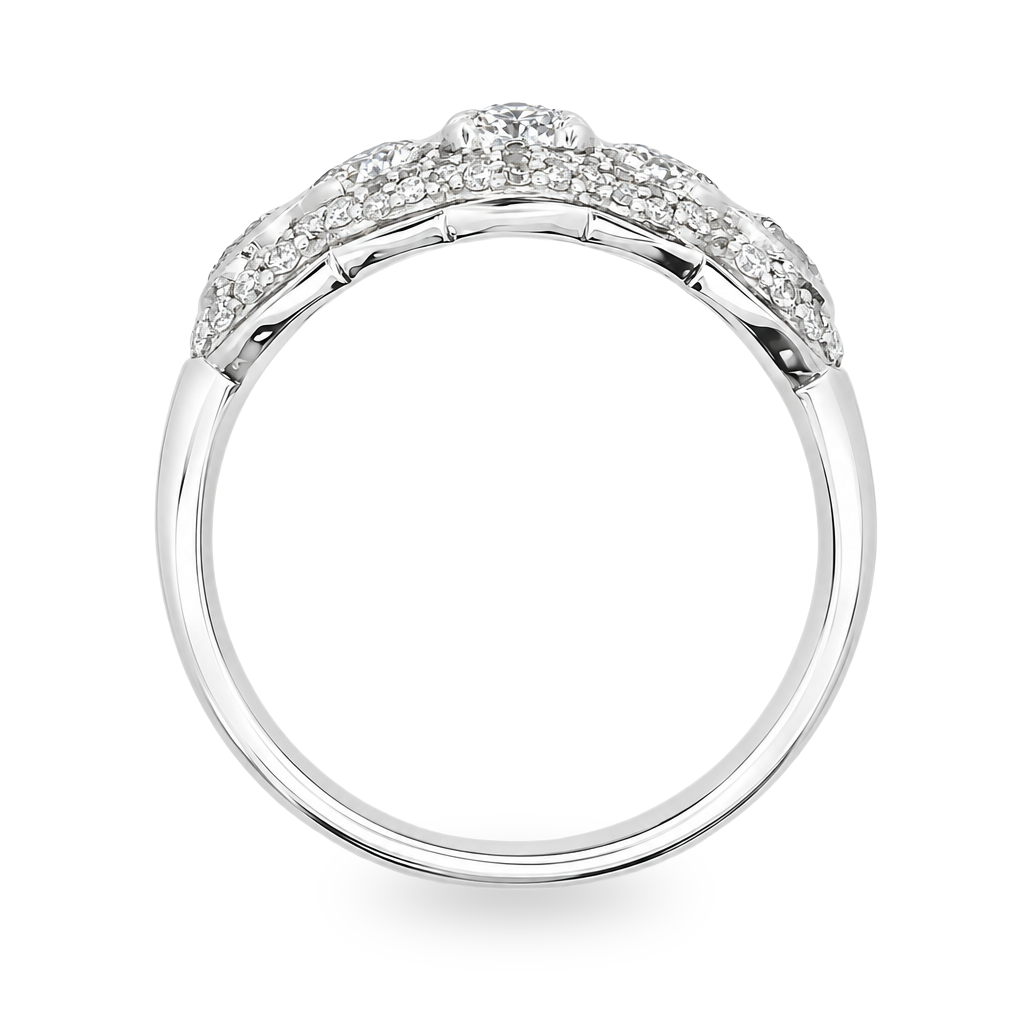 Profile view of white gold diamond set band. Shown on clean white background.