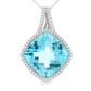 White gold pendant with blue topaz, surrounded by diamond halo. Set on a white background.