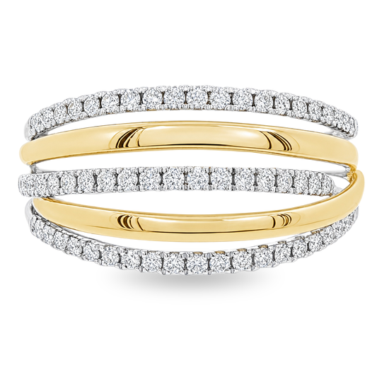 Two-tone multi band ring set with rows of round diamonds
