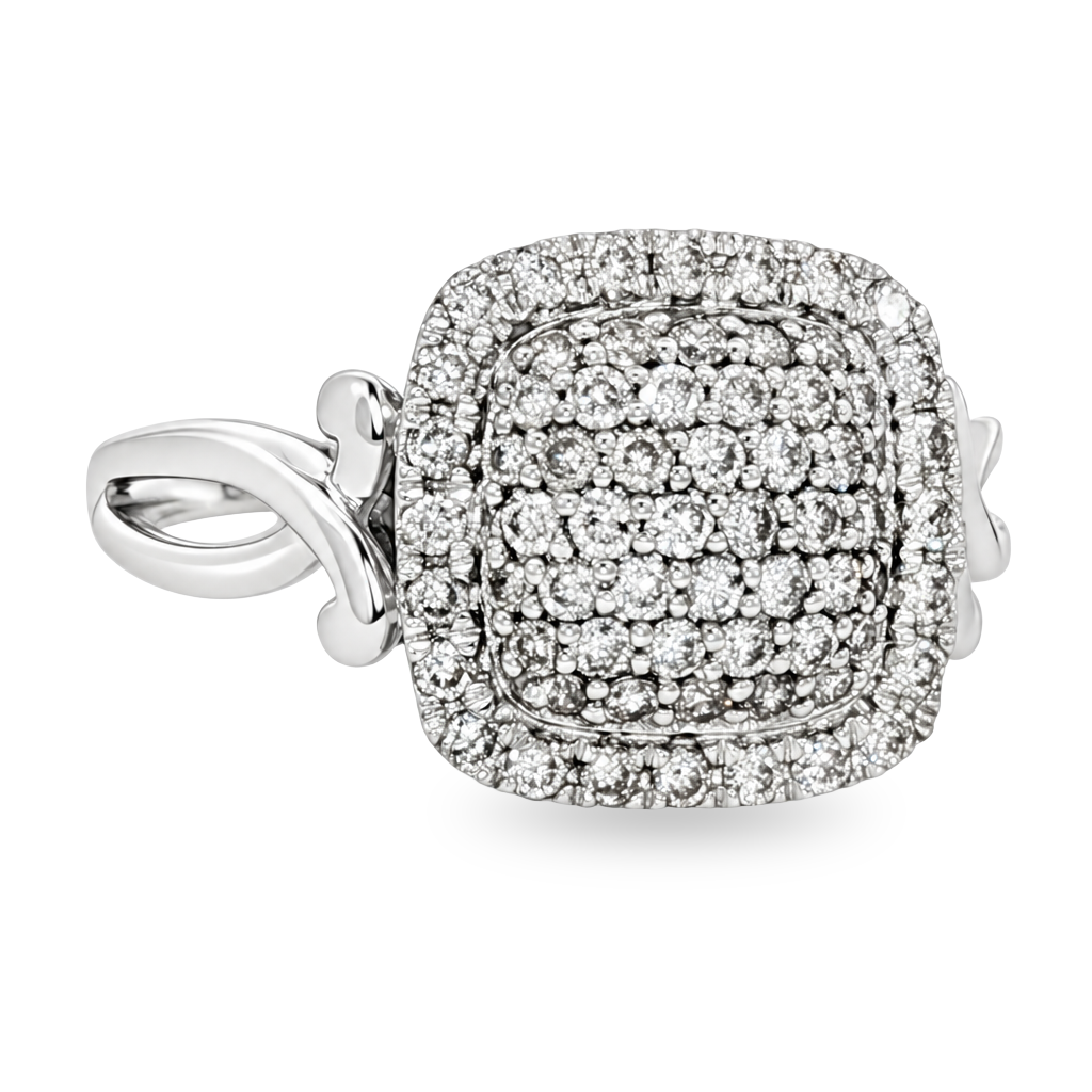 A white gold halo ring featuring a cushion-shaped pavé diamond center with a halo border and twisted band details, shown on a white background.
