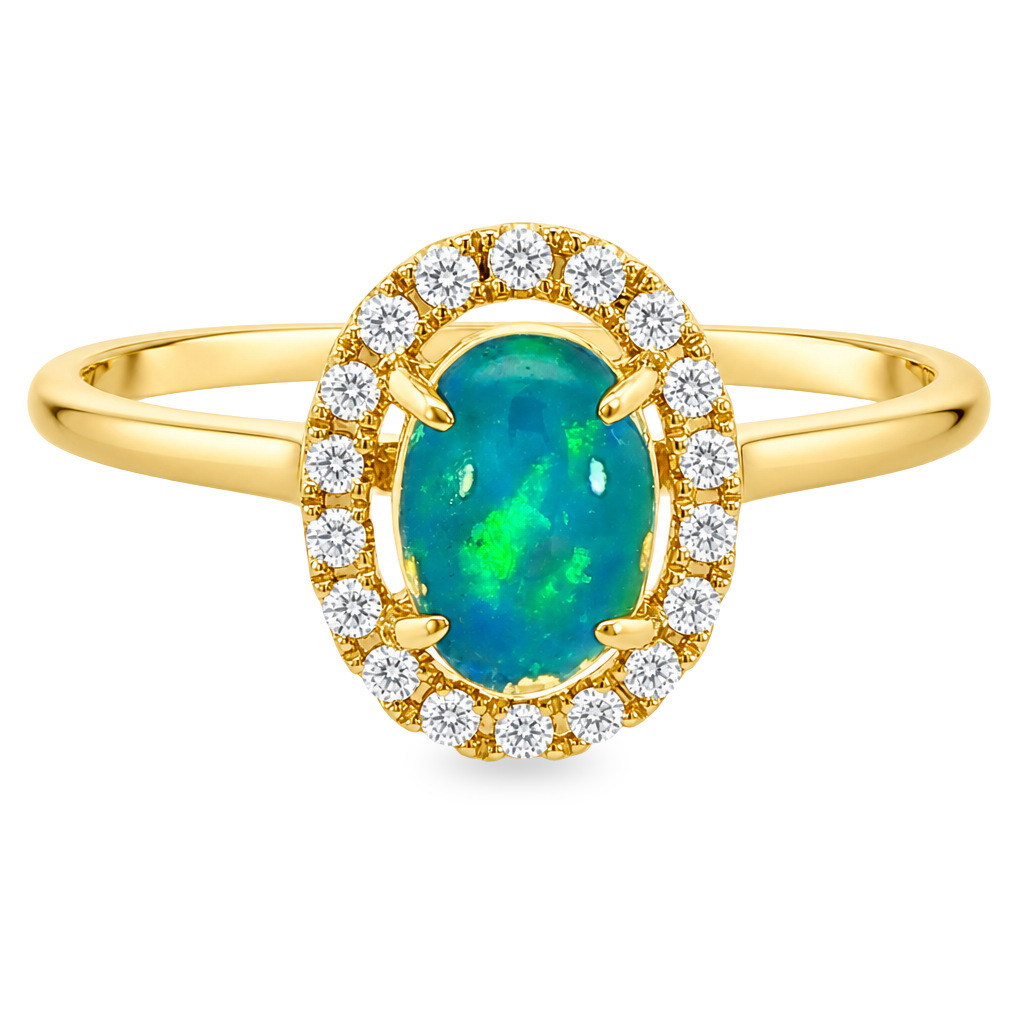 Yellow gold ring with a blue green oval shape opal surrounded by a diamond halo. Set on a clean white background