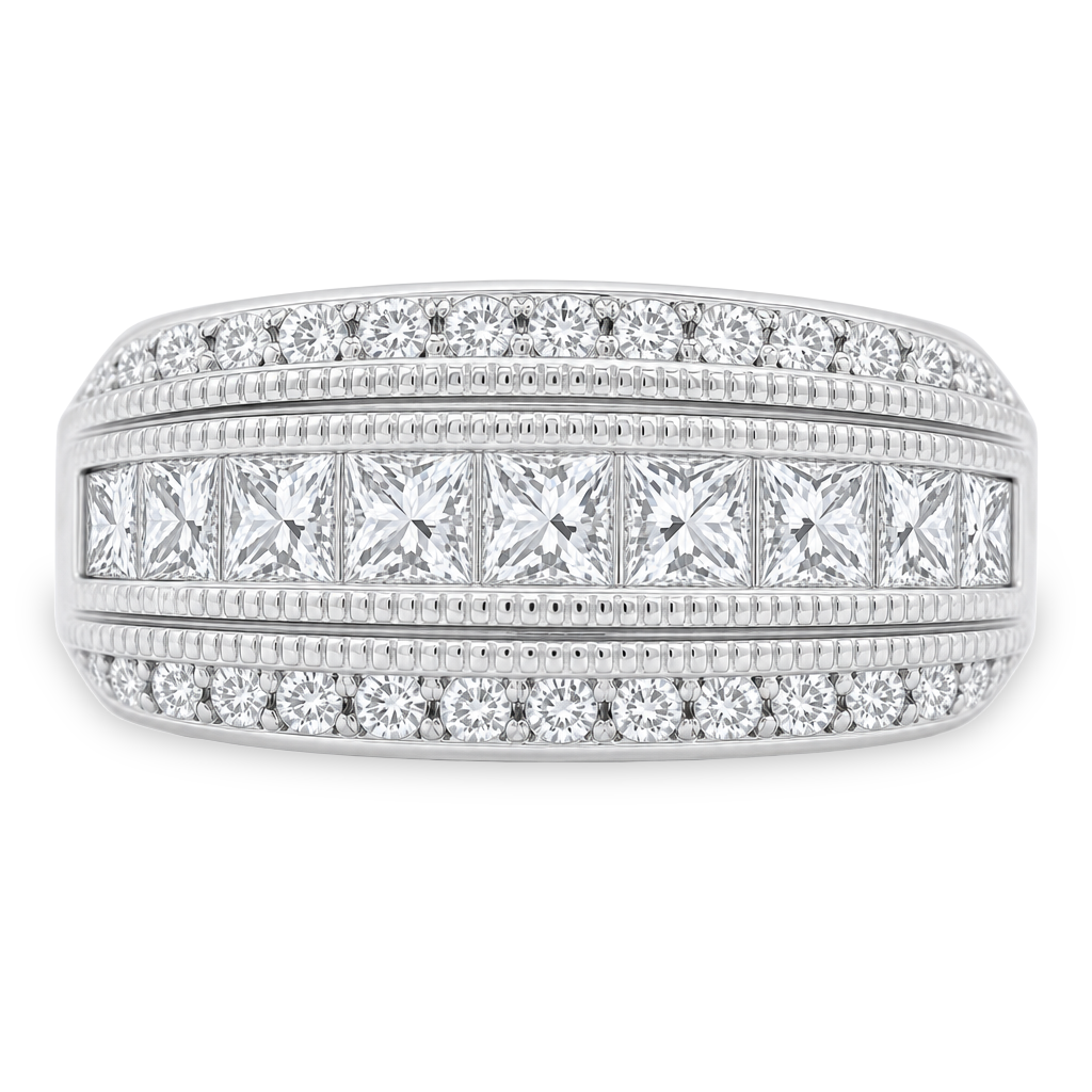 A wide white gold band ring featuring multiple rows of clear gemstones, including a central row of princess-cut diamonds and pavé-set round diamonds on both sides, shown on a plain white background.