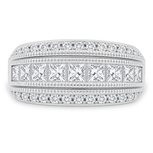 A wide white gold band ring featuring multiple rows of clear gemstones, including a central row of princess-cut diamonds and pavé-set round diamonds on both sides, shown on a plain white background.