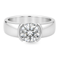 White gold solitaire ring with a thick band, with a round brilliant diamond. Set on a white background