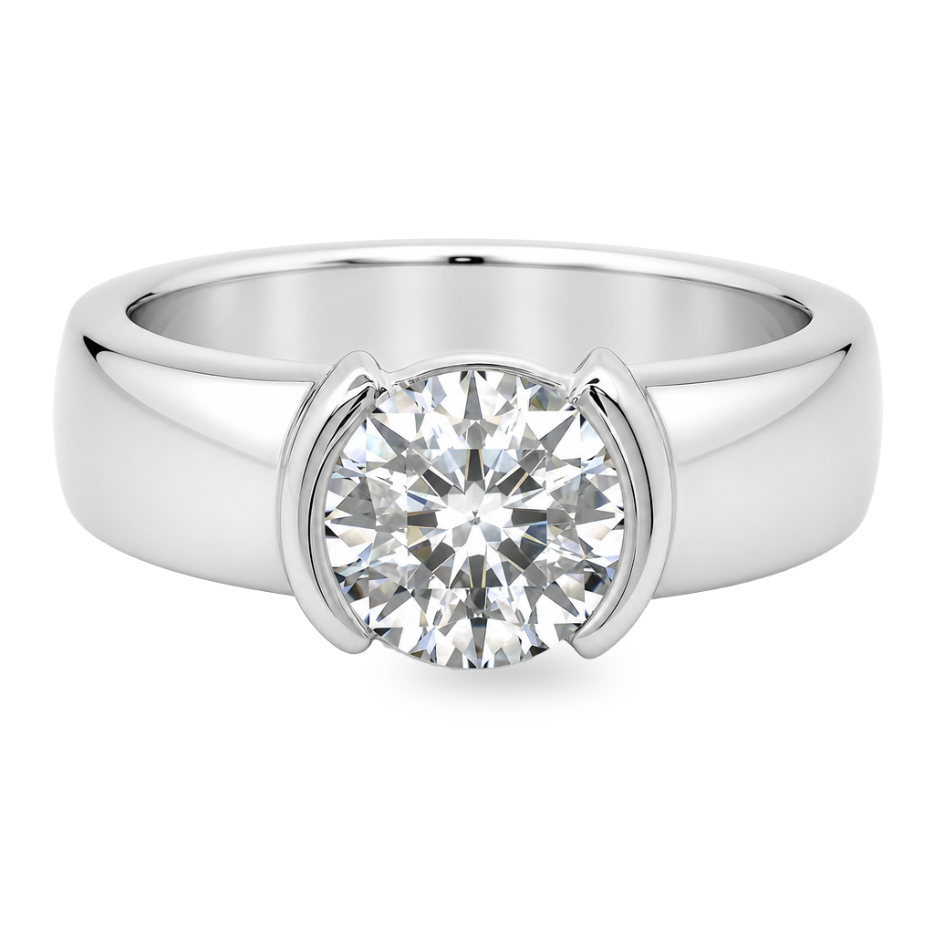 White gold solitaire ring with a thick band, with a round brilliant diamond. Set on a white background