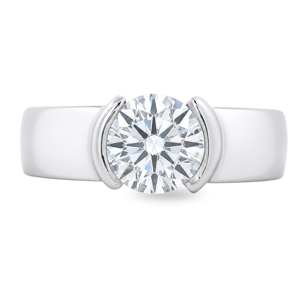 White gold solitaire ring with a thick band, with a round brilliant diamond. Set on a white background