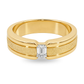 A yellow gold ring with a textured center band, a smooth outer band, and a rectangular emerald-cut diamond in the middle, shown on a plain white background.