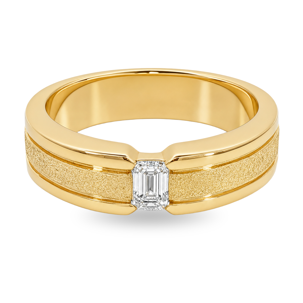 A yellow gold ring with a textured center band, a smooth outer band, and a rectangular emerald-cut diamond in the middle, shown on a plain white background.
