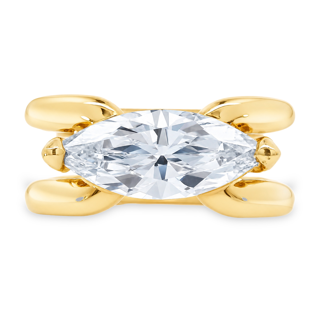 14K yellow gold rounded double band ring with a lab grown marquise diamond set east west 