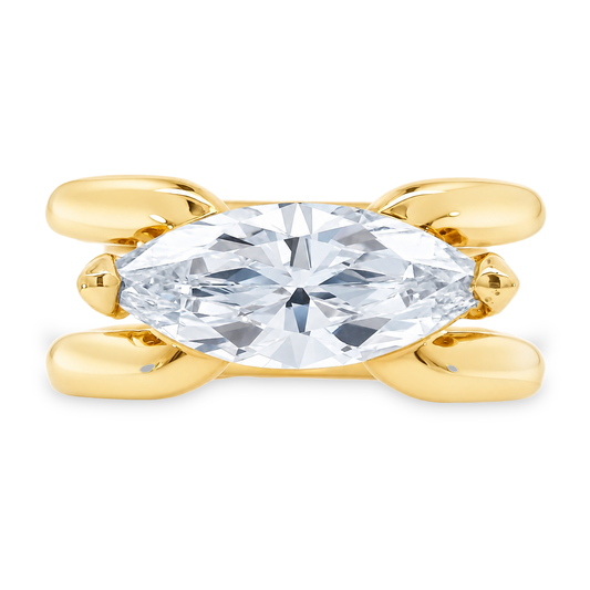 14K yellow gold rounded double band ring with a lab grown marquise diamond set east west 