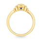 Yellow gold art deco ring with an emerald cut diamond an3 small blue sapphires on either side. Set on a white background.